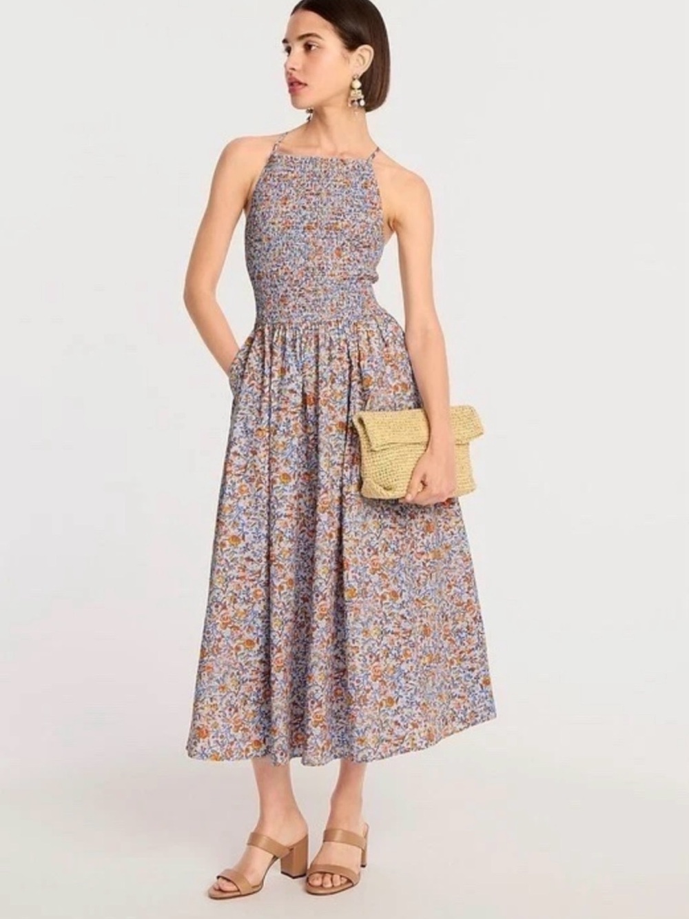 J. Crew Friday Afternoon Midi Dress Floral Smocked Sleeveless Pockets XS